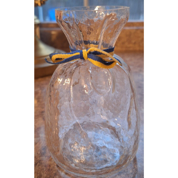 VTG SEA Glasbruk Sweden Clear Glass Bag Sack Vase Pinched Neck, 5.5" Blue/Gold - Picture 1 of 7